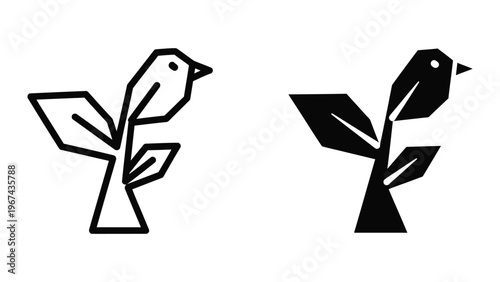 Contrasting artistic depictions of birds perched on branches with stylized leaves