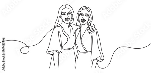 Two happy young women smiling brightly, drawn in a continuous single black line art style, expressing friendship and joy