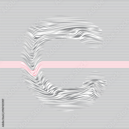 Wallpaper Mural Stylized letter C formed by warped horizontal lines with a pink accent stripe, creating a 3D wave distortion and optical illusion in modern typographic abstraction. Torontodigital.ca
