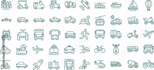 50 Modern Transportation and Logistics Line Icon Set Featuring Commercial Vehicles and Global Freight Vector Symbols