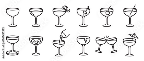 Collection of various line art cocktail glasses and drink icons, showcasing different styles and garnishes