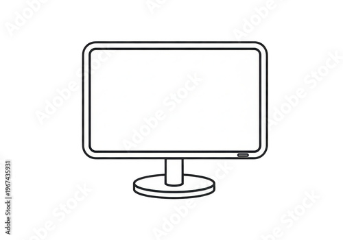 A simple black and white line art illustration of a modern computer monitor with a round stand