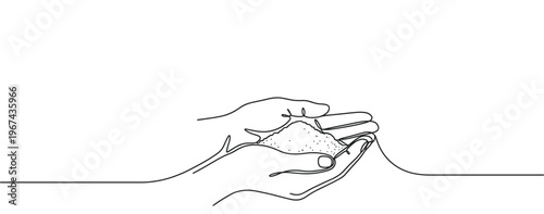 Two hands holding a pile of granular material in a continuous line art drawing style