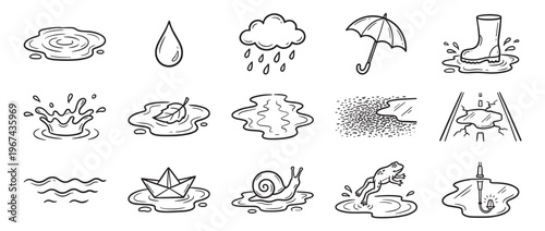 Collection of hand-drawn black and white doodle icons depicting various elements related to rain and water puddles