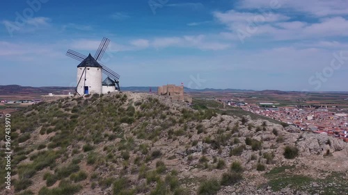 Aerial View of Famous Consuegra Windmills – Don Quixote Landscape in Castilla La Mancha, Spain