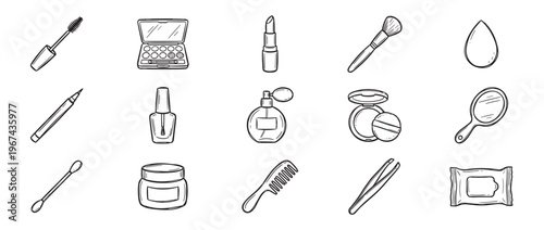 Collection of hand-drawn black and white beauty and makeup product icons, including mascara, lipstick, and perfume