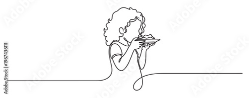 Young woman with curly hair is eating a meal from a plate, drawn in a continuous line art style