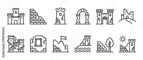 Collection of various outline icons depicting ancient castle ruins, towers, and weathered stone structures in a clean, minimalist style