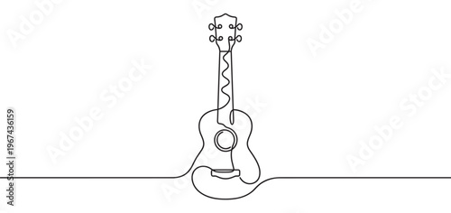 Single continuous line drawing of a ukulele, an acoustic string instrument, on a clean white surface with minimalist style