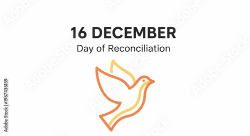 Dove flying in orange and yellow hues on white background with day of reconciliation text