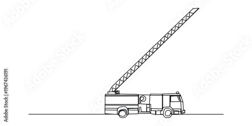 Continuous one line art of specialized fire engine with extendable aerial ladder. Protective, urgent nature of emergency response vehicles.