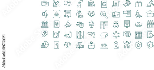 50 Modern Legal System and Law Enforcement Icon Set Featuring Courtroom Justice and Police Vector Symbols