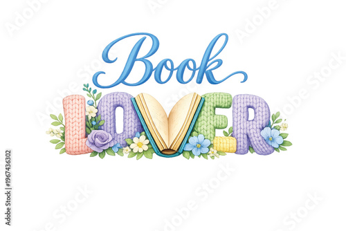 Book Lover Typography Floral Illustration PNG Set Cute Reading Design with Open Book Letters