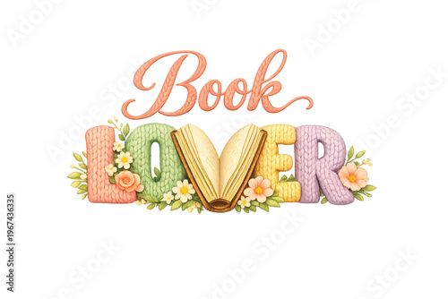 Book Lover Typography Floral Illustration PNG Set Cute Reading Design with Open Book Letters