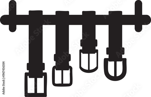 Black silhouette of different belt buckle designs on hanger, stylish leather accessory collection, logo