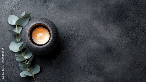 Memorial candle with eucalyptus on dark background. Minimal still life of lit candle in black holder with eucalyptus branch, modern Western remembrance and condolence symbol. copy space