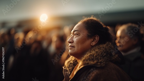 Memorial service outdoors of Native American tribes. Adult person in a winter coat with fur hood, side profile in a gathered crowd outside at sunset, remembrance ceremony and condolences.