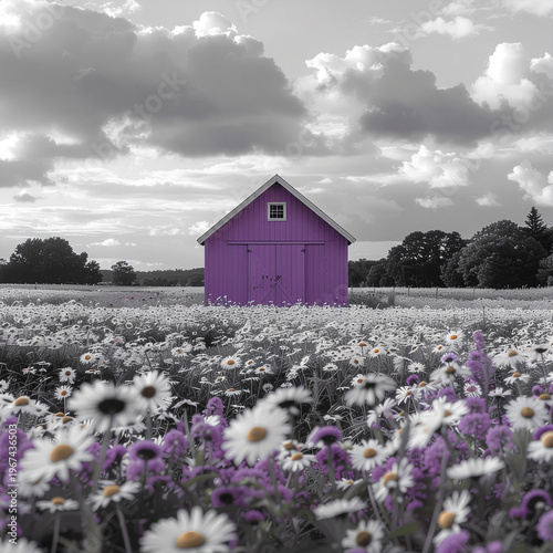 vivid purple barn rising from a field of white daisies, blending rural calm with bold artistic contrast