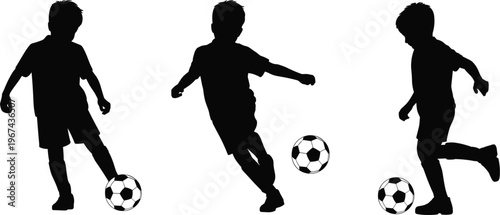 Silhouettes of kids playing soccer with ball showing sports activity, movement, and energetic childhood outdoor play moments