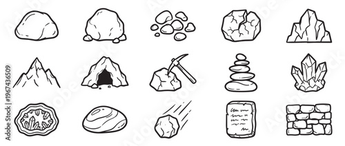 Collection of hand-drawn rock and stone icons in a simple black and white outline style, depicting various geological formations and mining tools