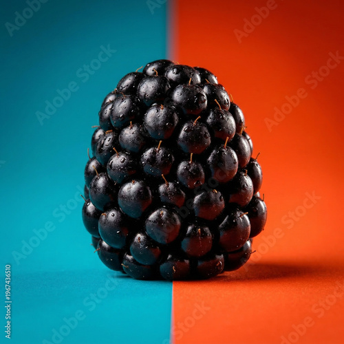 glossy black berry sculpture against split‑tone color fields, merging natural texture with bold contemporary visual energy