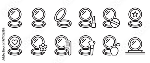 Collection of twelve black outline icons depicting various compact mirrors and makeup accessories, presented in a clean, minimalist style