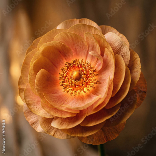dew‑kissed peach poppy rose in warm light, revealing delicate petals, soft texture, and intimate botanical beauty