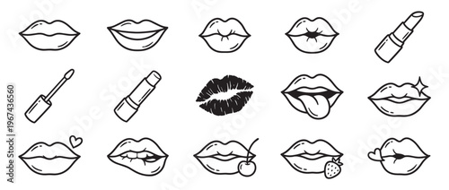 Collection of black and white outline drawings of lips, lipstick, and lip gloss in various playful expressions