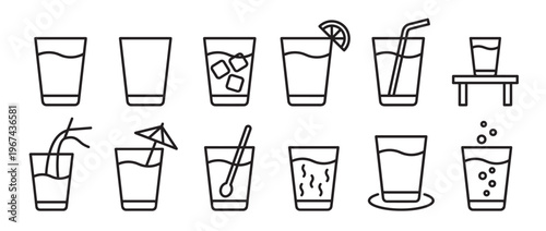 Collection of twelve simple black outline icons depicting various drink glasses with different contents and accessories