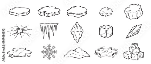 Various hand-drawn ice elements including ice floes, icicles, ice cubes, a snowflake, and cracked ice in a cartoon style