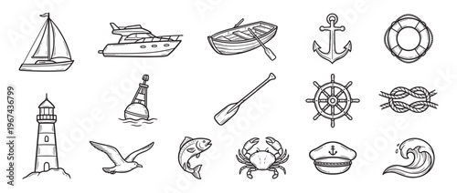Collection of hand-drawn nautical elements including boats, marine animals, and sailing equipment in a sketch style