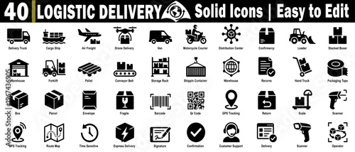 Logistic delivery solid icons set. Containing truck cargo, ship air freight, drone van, motorcycle courier distribution center, warehouse forklift pallet vector illustration.