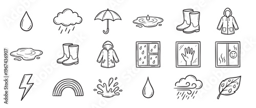 Collection of hand-drawn doodle icons depicting various weather conditions and rain-related objects in a simple, artistic style