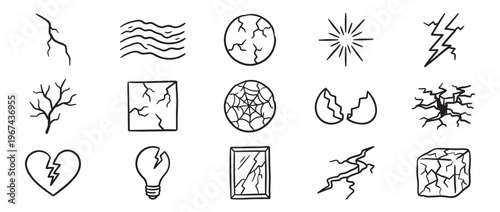 Collection of hand-drawn black and white crack and damage icons, featuring various shapes and objects with broken textures