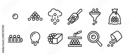 Various black outline icons depict different stages of processing small round objects, from individual pieces to bulk handling and transformation