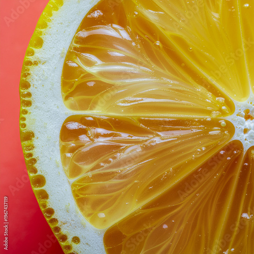 vivid lemon slice glowing against bold red, capturing juicy translucence and striking modern color contrast