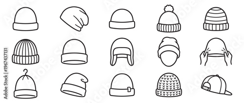Collection of various outline style winter hats and beanies, including knitted, striped, and ear flap designs
