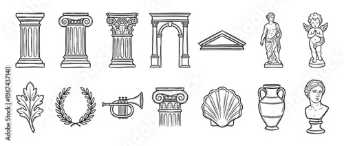 Collection of hand-drawn black and white ancient Greek and Roman elements, including columns, statues, and decorative motifs, rendered in a detailed sketch style