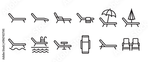 Collection of various black outline icons depicting different types of beach chairs and sun loungers, some with umbrellas or by water