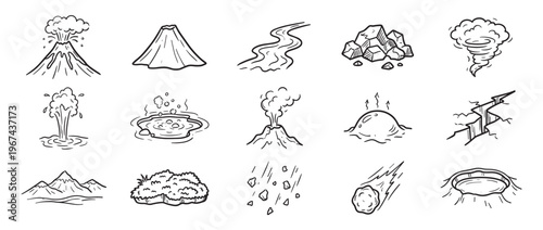 Collection of hand-drawn natural disaster and geological phenomena icons in a simple black and white doodle style