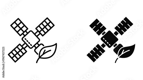 Satellite icons with solar panels and leaf representing space and environmental themes