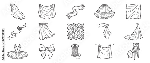 Collection of hand-drawn black and white illustrations depicting various fabric items and textiles in a clean, graphic style