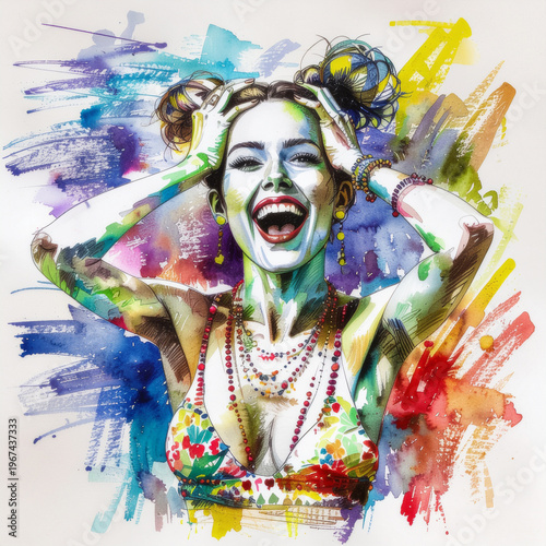 radiant watercolor figure bursting with color and joy, blending expressive portraiture with lively abstract motion