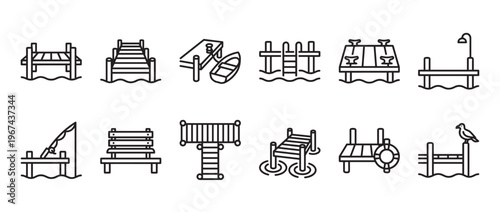 Comprehensive set of various pier and dock line icons, depicting different structures and activities in a clean, modern style