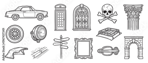 Collection of hand-drawn vintage objects, including a classic car, telephone booth, skull, and architectural elements, rendered in a clean line art style