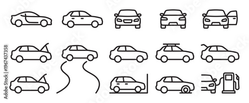 Collection of simple black outline car icons showing various views and situations, including driving, parking, and refueling