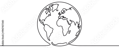 Simple continuous line drawing of the Earth globe with continents clearly visible, presented in a minimalist style