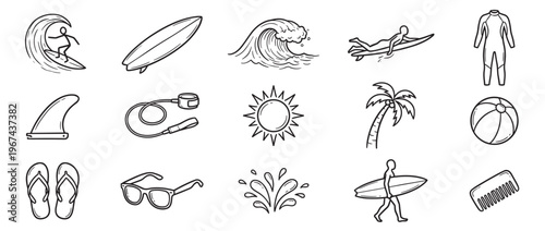 Collection of hand-drawn surfing and beach-related icons, including a surfer, surfboard, wave, and sun, presented in a clean, outlined style