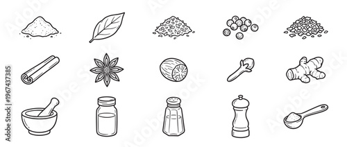 Various hand-drawn black and white spice icons are neatly arranged in rows, showcasing common cooking ingredients