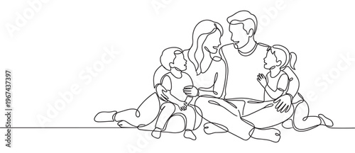 Happy family of four, parents with two children, sitting together in a continuous line art drawing style